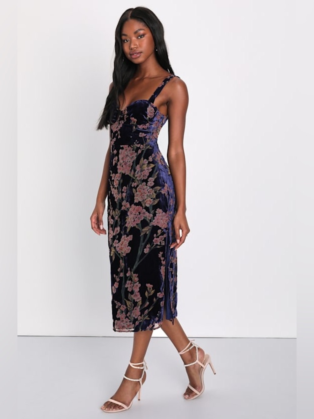 Lulus Romantic Stunner Navy Blue Floral Burnout Velvet Lace-Up Dress Medium NWT - Picture 2 of 14